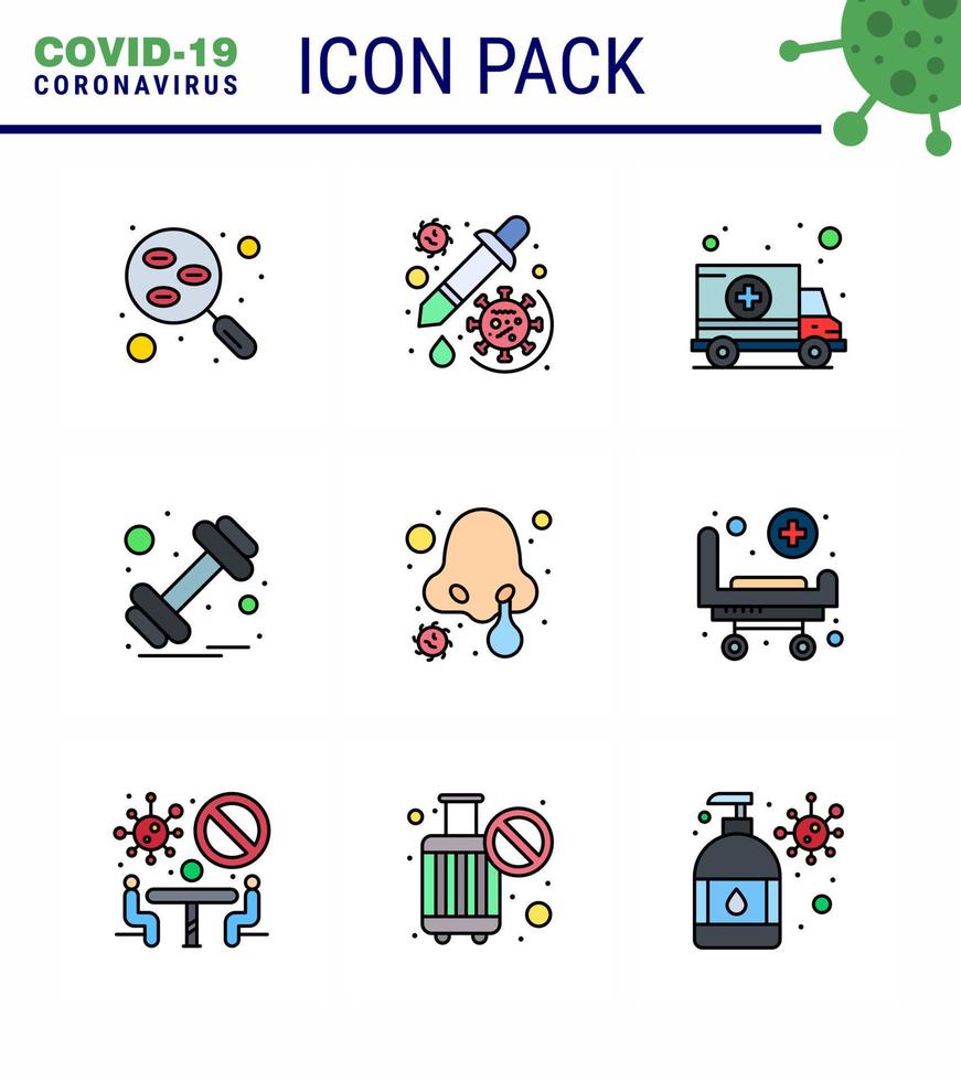 covid19 skydd coronavirus hängande 9 fylld linje platt Färg ikon uppsättning sådan som sporter Gym vaccin hantel sjukhus viral coronavirus 2019 nov sjukdom vektor design element
