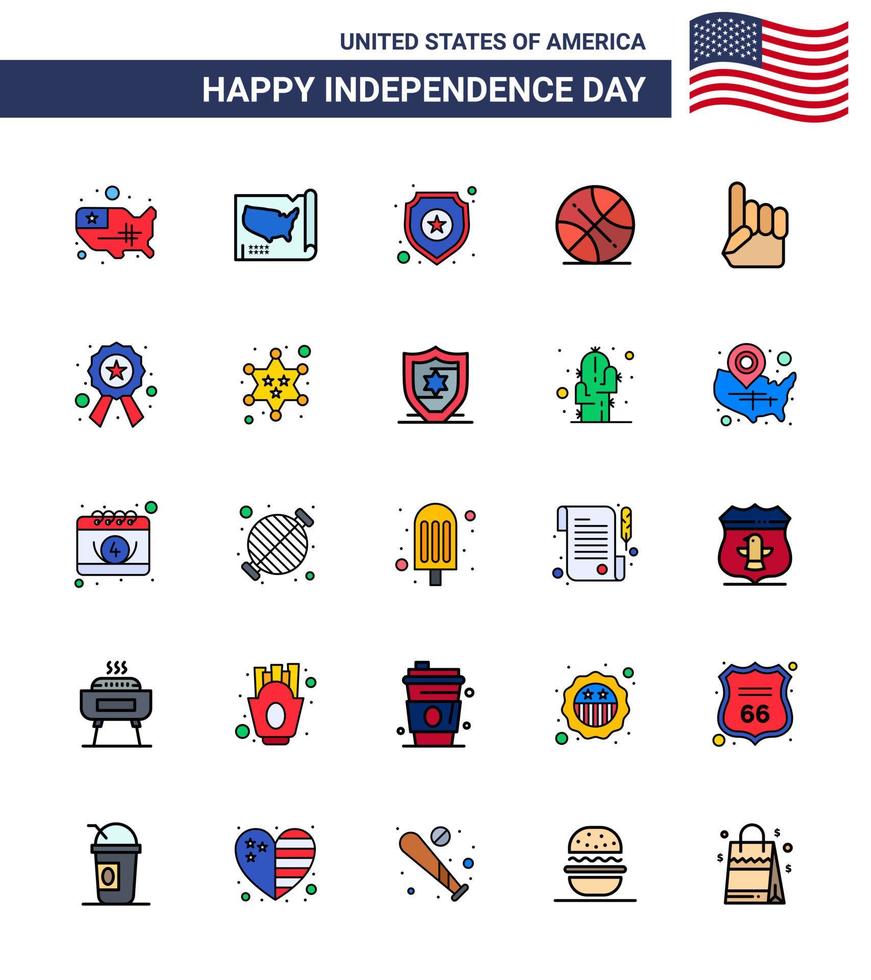 Lycklig oberoende dag 4:e juli uppsättning av 25 platt fylld rader amerikan pictograph av polis amerikan backetball USA skum hand redigerbar USA dag vektor design element