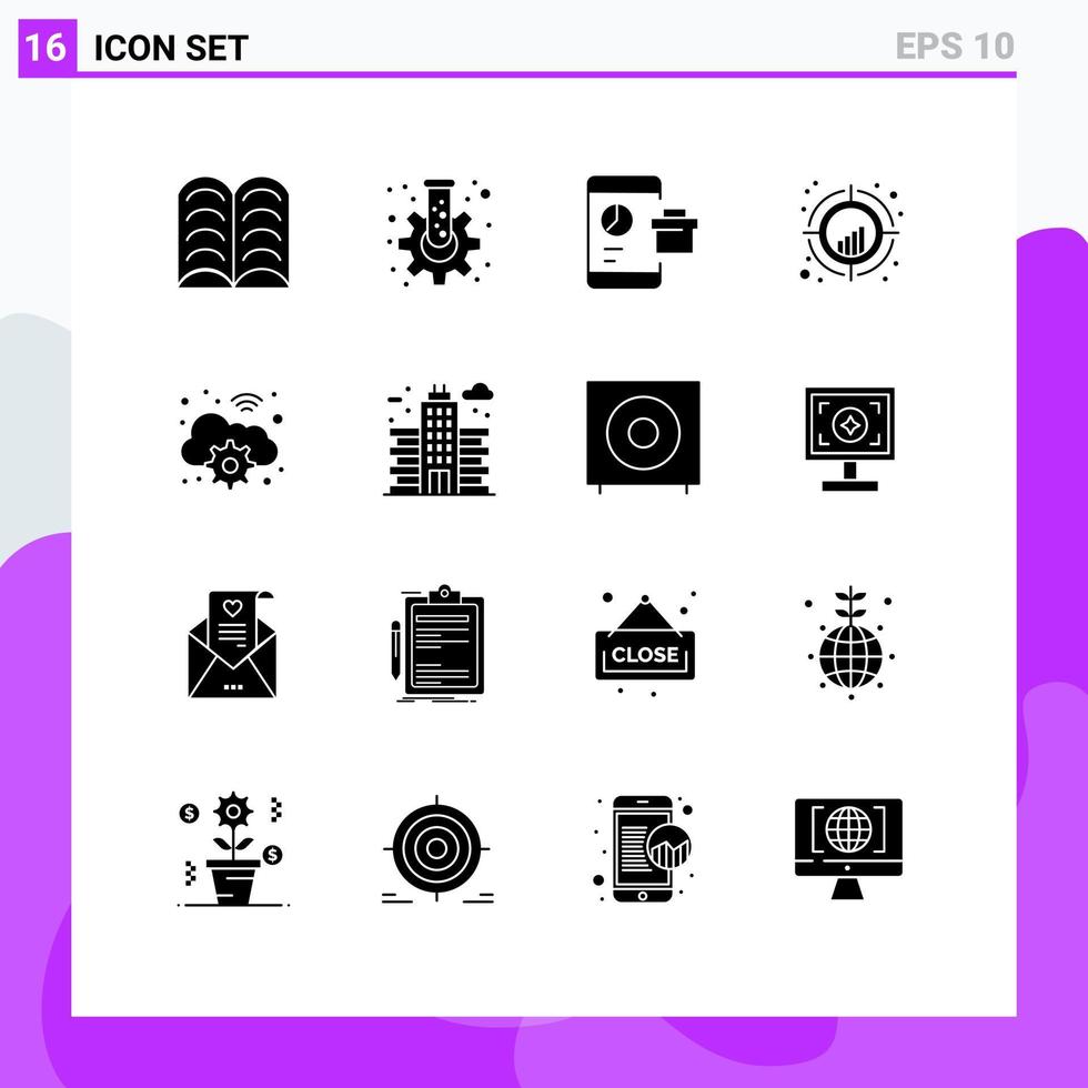 Solides Glyphenpaket mit 16 universellen Symbolen für bearbeitbare Vektordesignelemente für Cloud-Zielmarketing-Plotdiagramme vektor