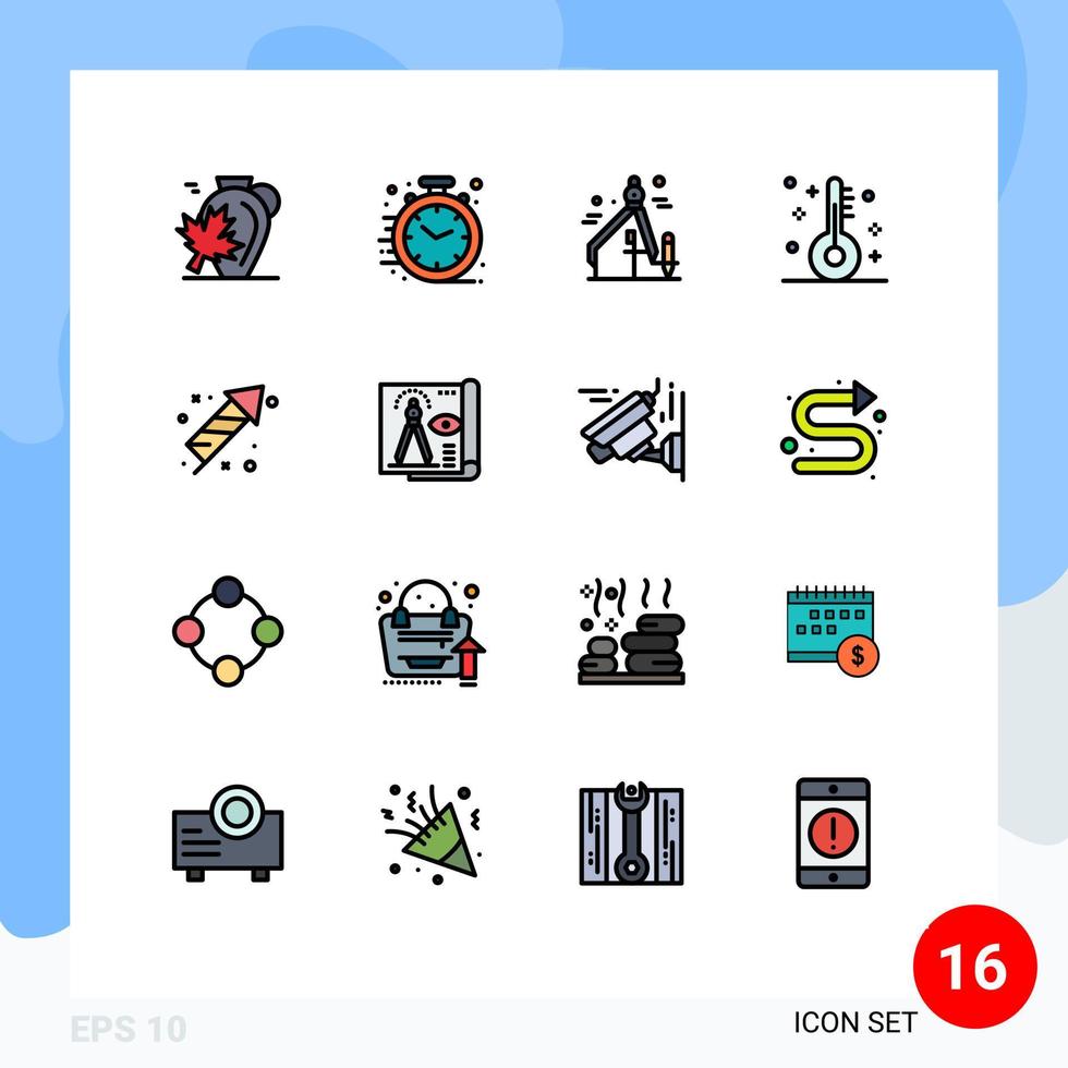 16 universell platt Färg fylld rader uppsättning för webb och mobil tillämpningar fyrverkeri termometer kontor Semester jul redigerbar kreativ vektor design element