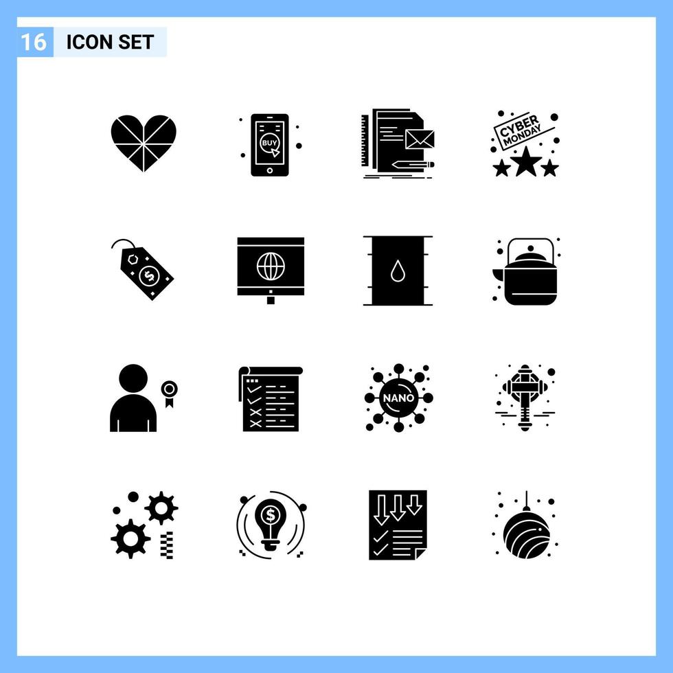 moderner Satz von 16 soliden Glyphen und Symbolen wie bearbeitbare Vektordesign-Elemente für Zeitverkaufs-Mobilshop-Bewertungsbuchstaben vektor