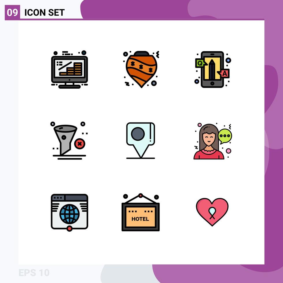 9 fylld linje platt Färg begrepp för webbplatser mobil och appar filtrera radera dekoration frågor uppkopplad redigerbar vektor design element