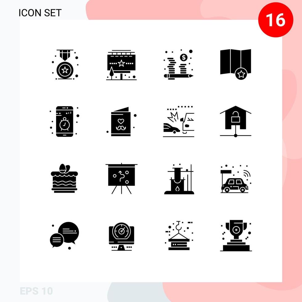 Packung mit 16 modernen soliden Glyphen Zeichen und Symbolen für Web-Printmedien wie bearbeitbare Vektordesign-Elemente für mobile App-Budget-Sternenkarten vektor