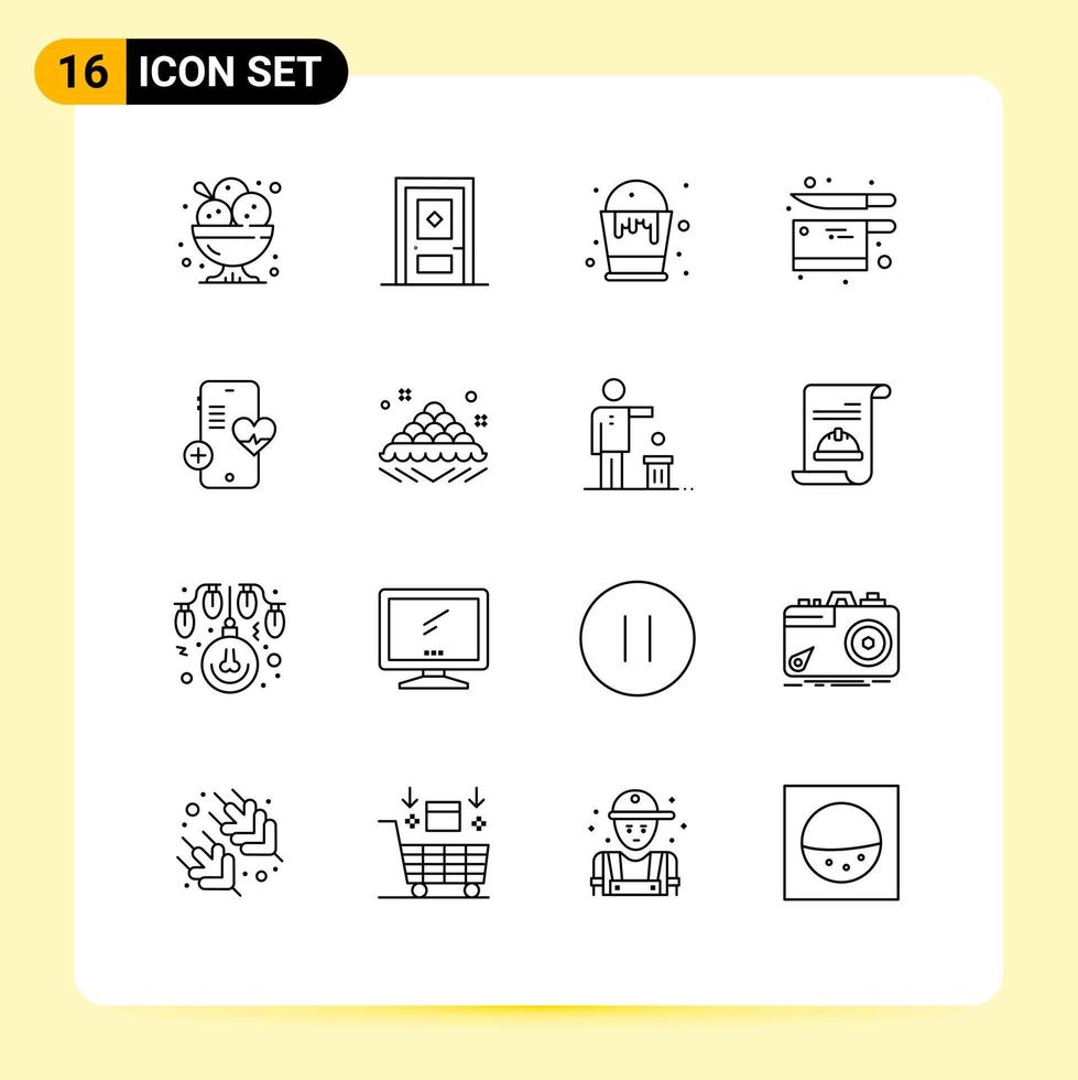 Mobile Interface Outline Set von 16 Piktogrammen von medizinischen Utensilien Tür Küchenkunst editierbare Vektordesign-Elemente vektor