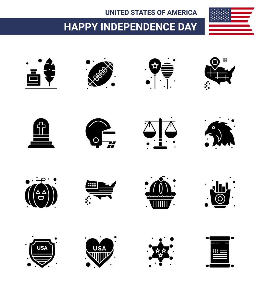 Bearbeitbares Vektor-Solid-Glyphen-Paket von USA-Tag 16 Einfache solide Glyphen von Grab Amerikanische Ballons Karte Amerika-Flagge Editierbare Usa-Tag-Vektordesign-Elemente vektor