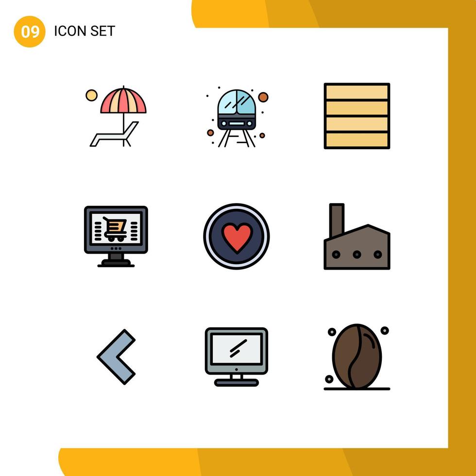 Gruppe von 9 modernen Filledline-Flachfarben, die für computerbearbeitbare Vektordesign-Elemente für den Einkauf von Herzleistungsfahrzeugen festgelegt werden vektor