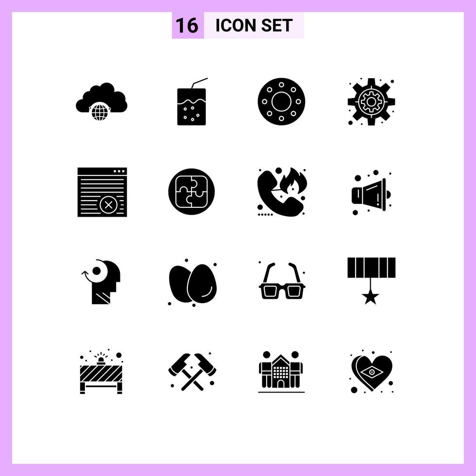 Gruppe von 16 soliden Glyphen Zeichen und Symbolen für Webseiten Internet Donut Browser Gear editierbare Vektordesign-Elemente vektor