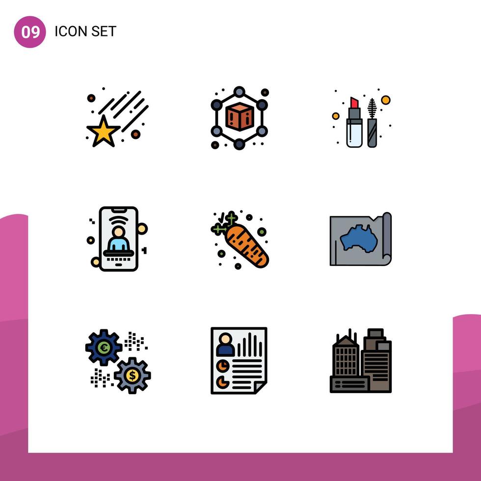 9 Benutzeroberfläche Filledline Flat Color Pack mit modernen Zeichen und Symbolen von Australien Essen Mascara Diät Telefon editierbare Vektordesign-Elemente vektor