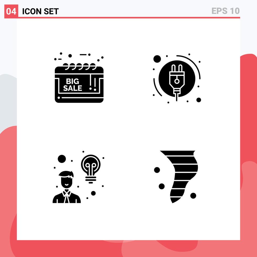 mobil gränssnitt fast glyf uppsättning av 4 piktogram av kalender anställd försäljning annons plugg användare redigerbar vektor design element