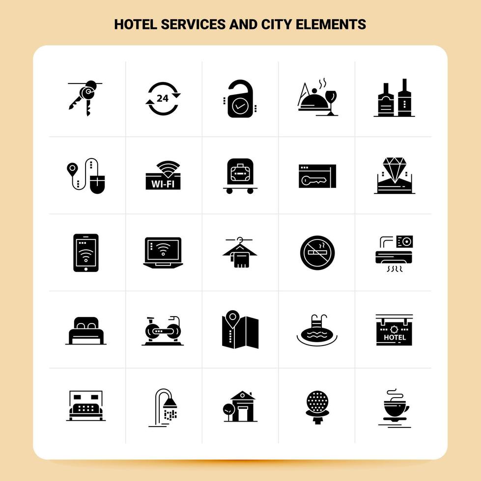solide 25 Hotelservices und Stadtelemente Icon Set Vektor Glyphen Stil Design schwarze Icons Set Web und mobile Geschäftsideen Design Vektor Illustration