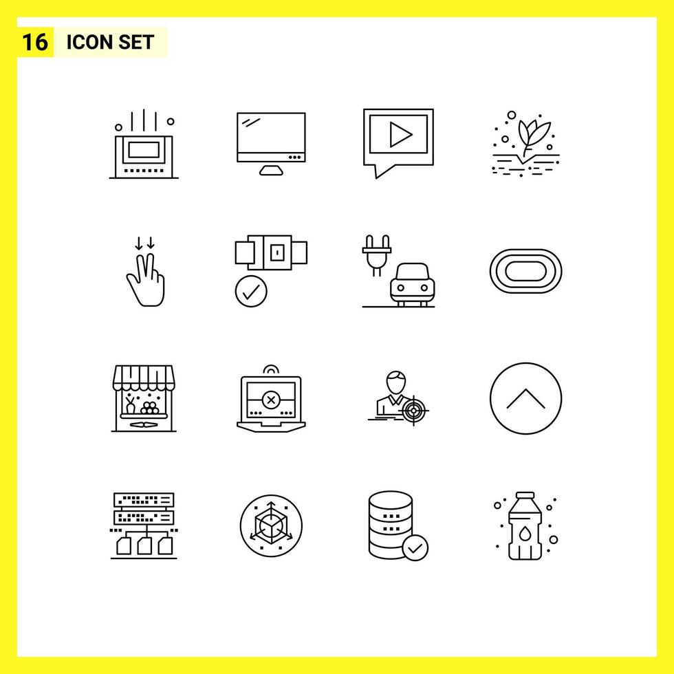 Gruppe von 16 modernen Umrissen für bearbeitbare Vektordesign-Elemente für den Anbau von Videopflanzen mit den Fingern vektor