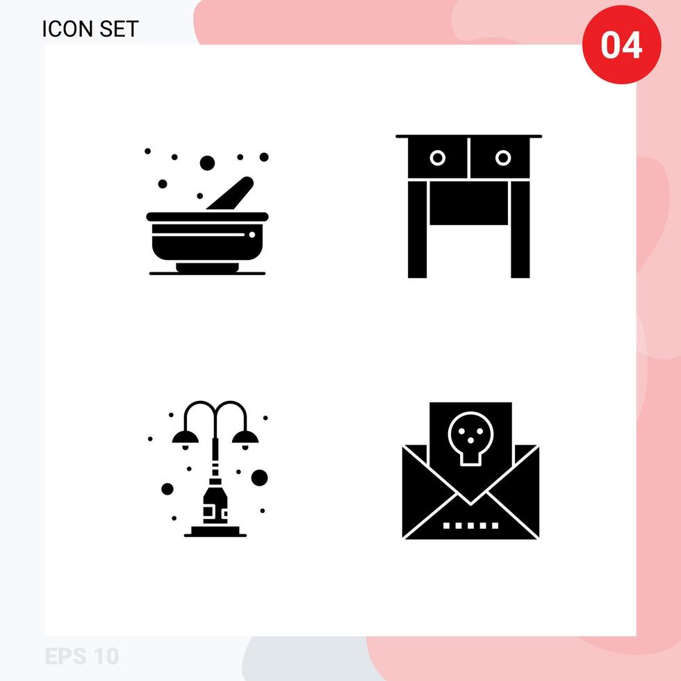 moderner Satz von 4 soliden Glyphen Piktogramm von Kochlichtern Stößeltisch Straße editierbare Vektordesign-Elemente vektor
