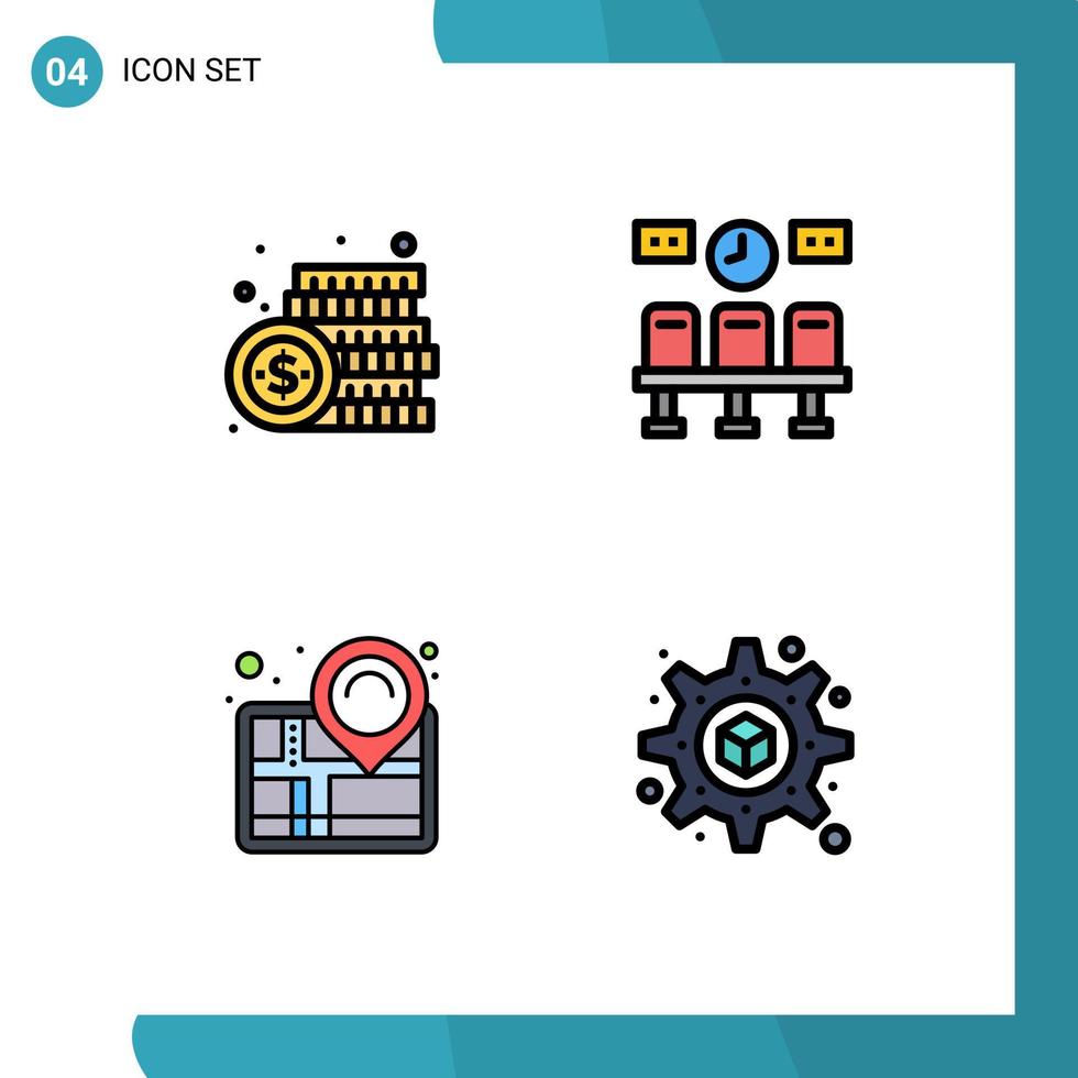 4 tematiska vektor fylld linje platt färger och redigerbar symboler av mynt Karta pengar tåg stift redigerbar vektor design element