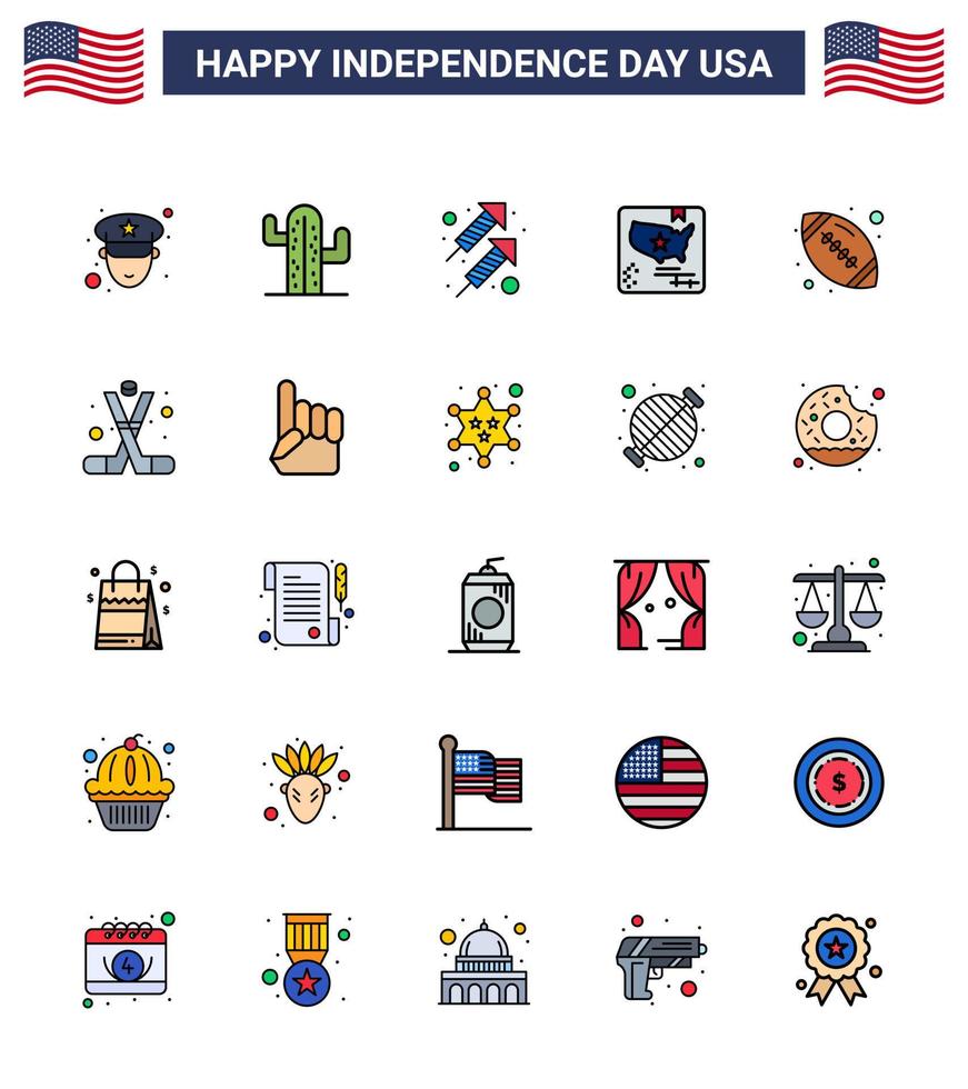 Stock Vektor Icon Pack von American Day 25 flach gefüllte Linienzeichen und Symbole für Sportball Feuer Weltflagge editierbare Usa Day Vektor Design Elemente