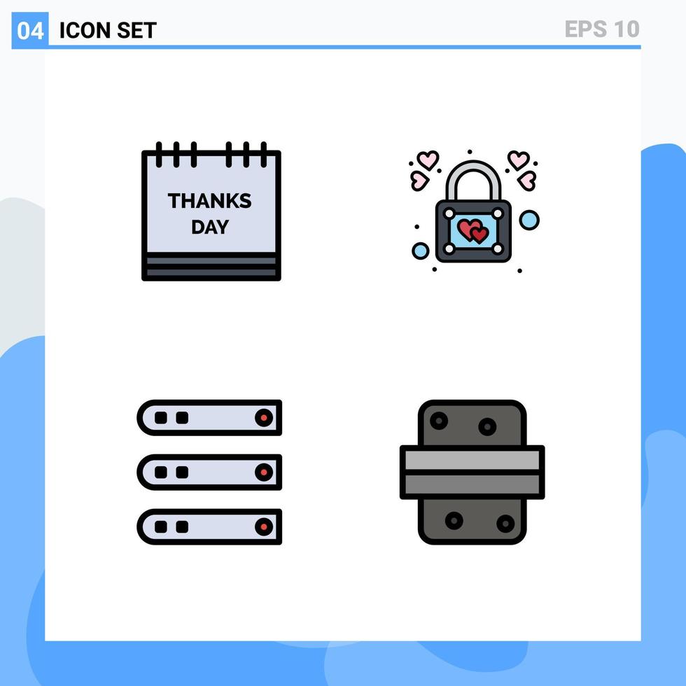 uppsättning av 4 vektor fylld linje platt färger på rutnät för kalender databas rostad Kalkon låsa värd redigerbar vektor design element