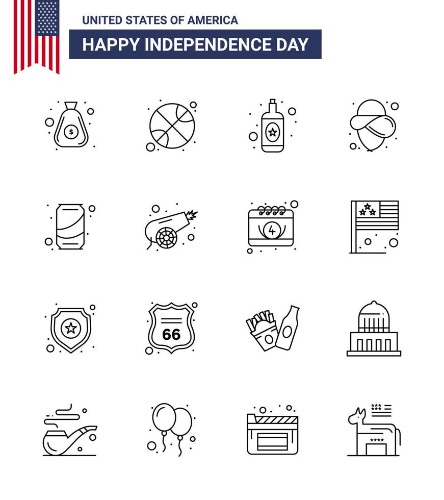 Usa Happy Independence Day Piktogrammsatz aus 16 einfachen Linien von Cola kann Alkohol Bier Cowboy editierbare Usa Day Vektordesign-Elemente vektor