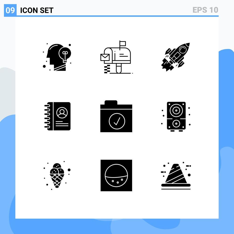 mobil gränssnitt fast glyf uppsättning av 9 piktogram av användare bok meddelande rymdskepp lansera redigerbar vektor design element
