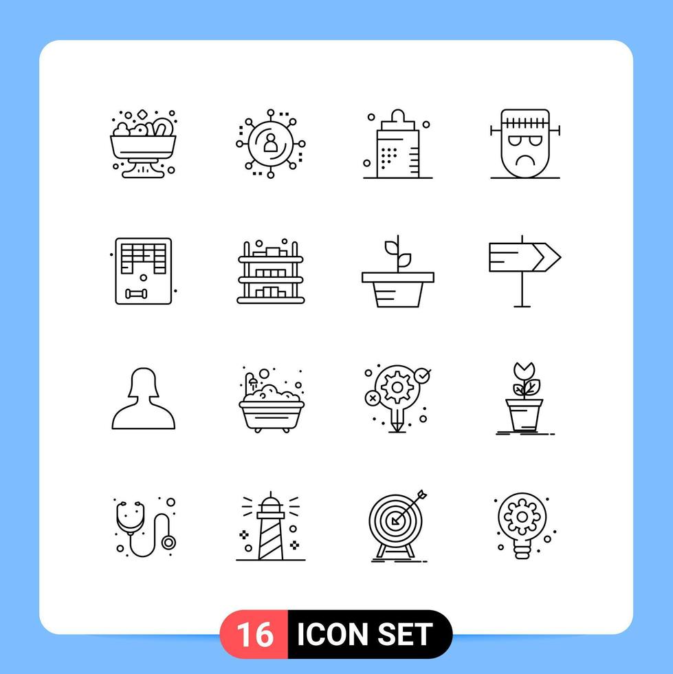 Stock Vector Icon Pack mit 16 Zeilenzeichen und Symbolen für lustige Halloween-Krankheit Frankenstein böse editierbare Vektordesign-Elemente