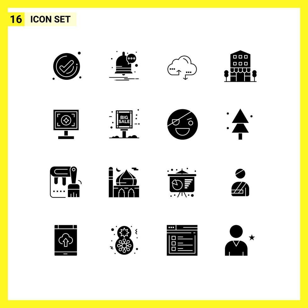 16 universell fast glyf tecken symboler av branding butiker datoranvändning affär främre hus redigerbar vektor design element