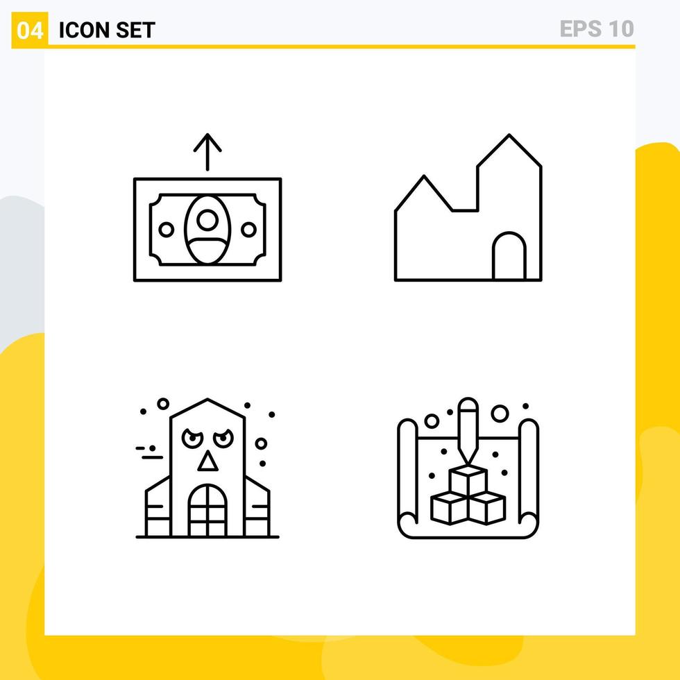 grupp av 4 fylld linje platt färger tecken och symboler för kontanter besatt hus fabrik industri plan redigerbar vektor design element