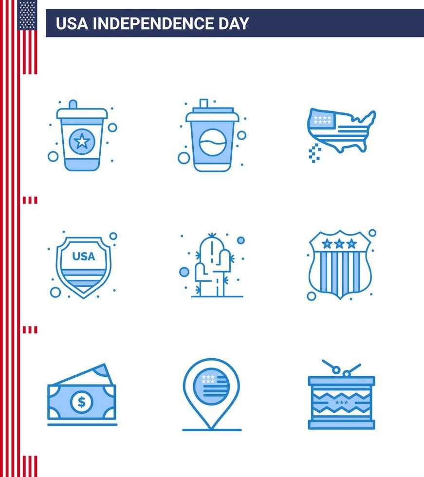 blå packa av 9 USA oberoende dag symboler av växt kaktus Karta USA skydda redigerbar USA dag vektor design element
