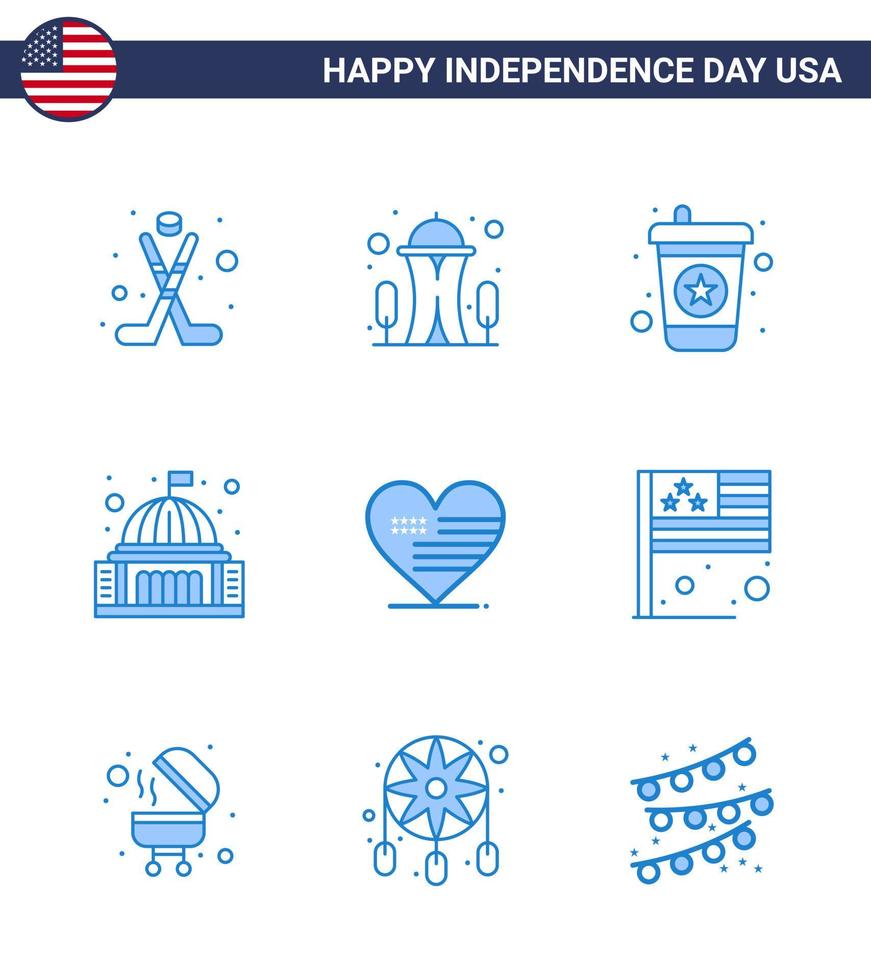 9 blaue Schilder für Usa-Unabhängigkeitstag lieben weißes Getränk Wahrzeichen Gebäude editierbare Usa-Tag-Vektordesign-Elemente vektor