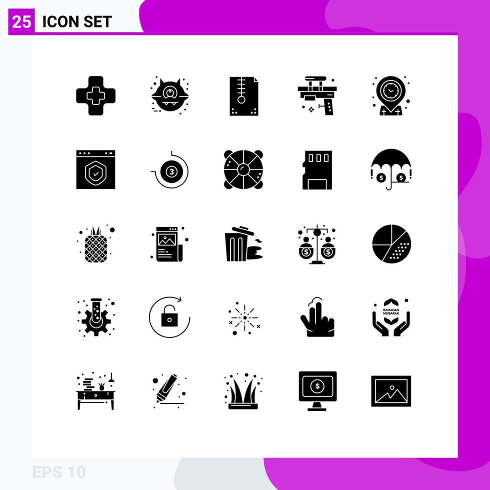 Piktogrammsatz von 25 einfachen soliden Glyphen des Standorts wasserkomprimierte Spielzeugpistole editierbare Vektordesign-Elemente vektor