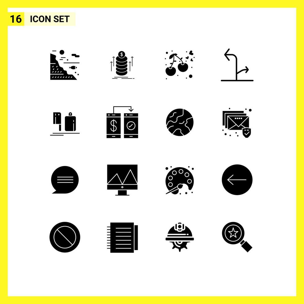 solides Glyphenpaket mit 16 universellen Symbolen von Chopperzeichen Münzen direktionale Lebensmittel editierbare Vektordesignelemente vektor
