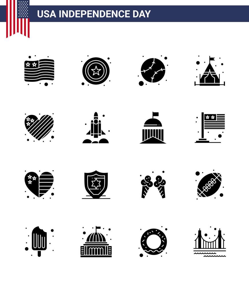 Große Packung mit 16 USA Happy Independence Day USA Vektor solide Glyphen und editierbare Symbole von Launcher Herz Staaten Flagge Zelt editierbare USA Tag Vektor Design Elemente