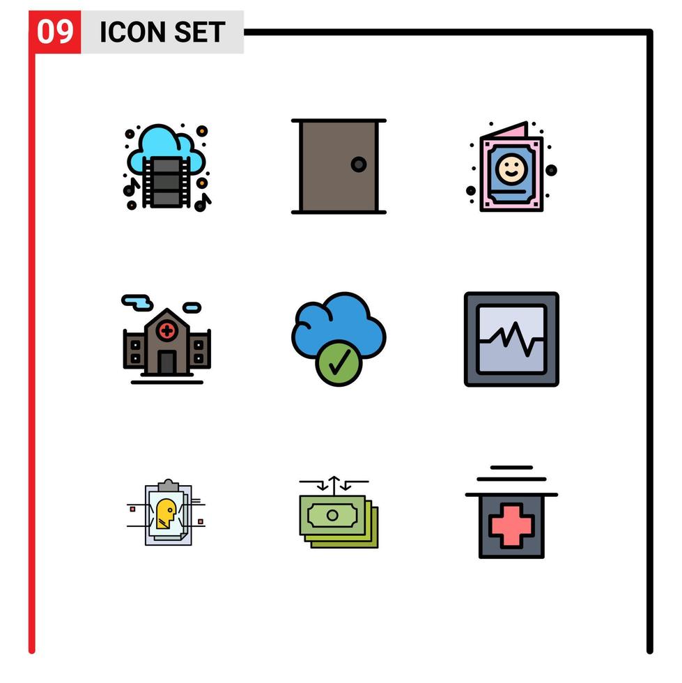 piktogram uppsättning av 9 enkel fylld linje platt färger av moln byggnad Hem dörr sjukhus inbjudan redigerbar vektor design element