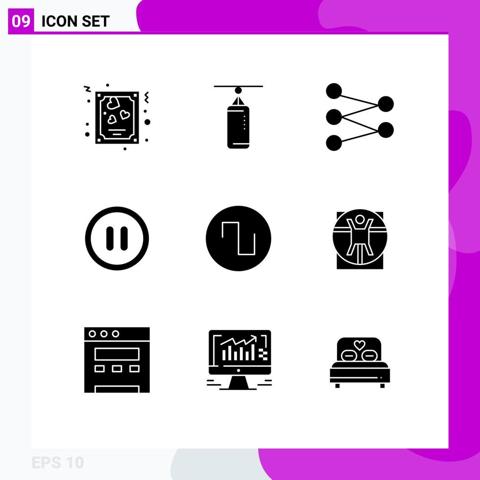 Stock Vector Icon Pack mit 9 Zeilenzeichen und Symbolen für virtruvianische quadratische Figur Sound Pause editierbare Vektordesign-Elemente