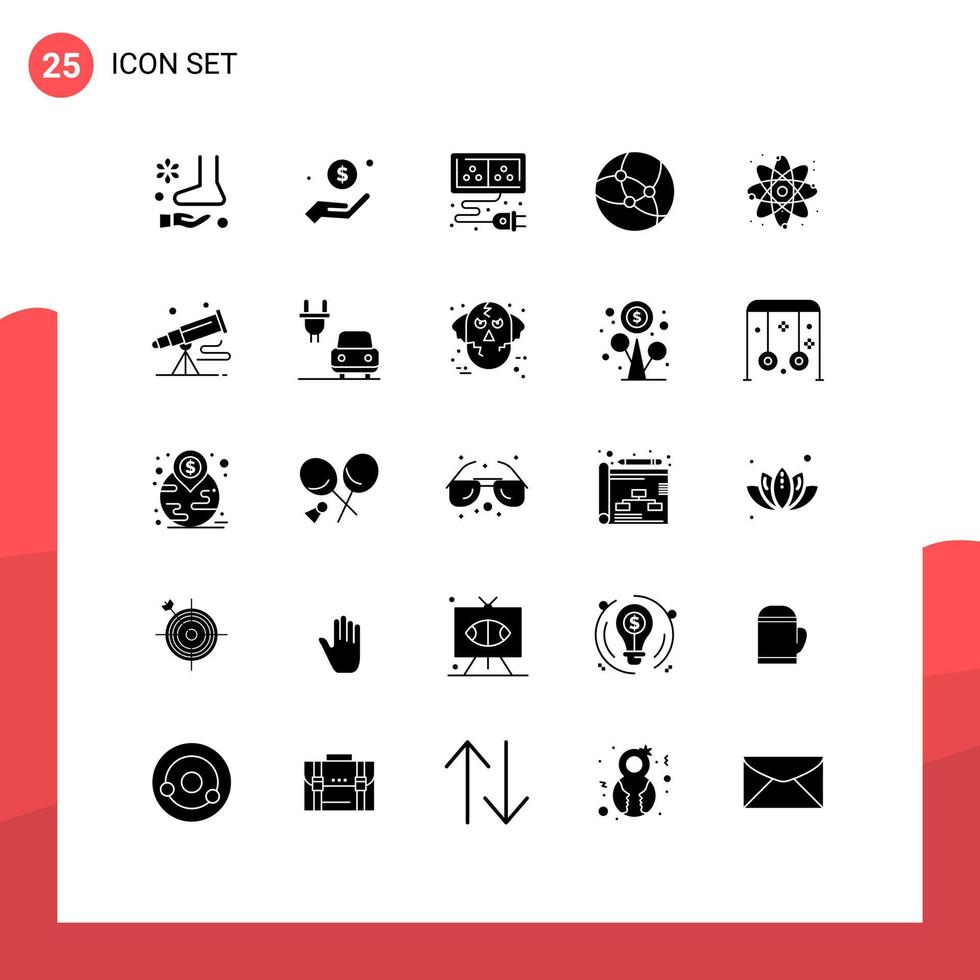 uppsättning av 25 kommersiell fast glyfer packa för atom nätverk välgörenhet internet element redigerbar vektor design element
