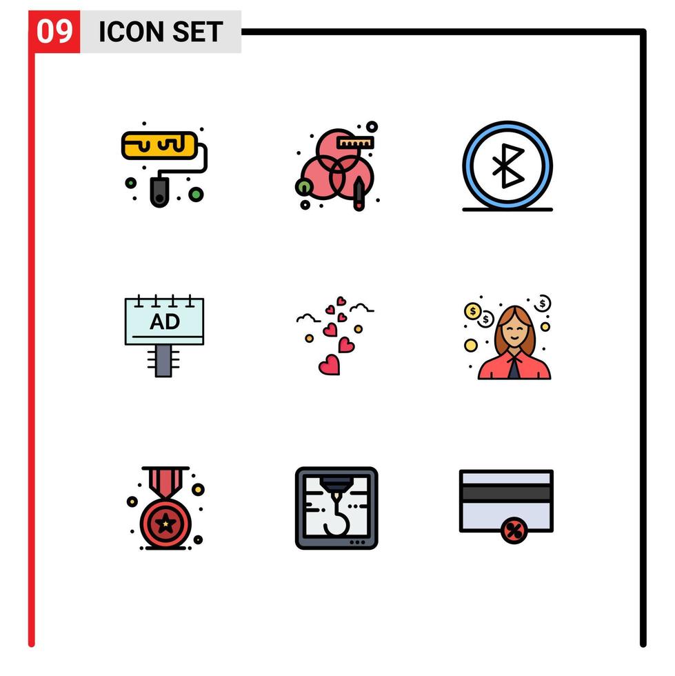 satz von 9 modernen ui-symbolen symbole zeichen für liebe schild kommunikation werbung anzeige editierbare vektordesignelemente vektor