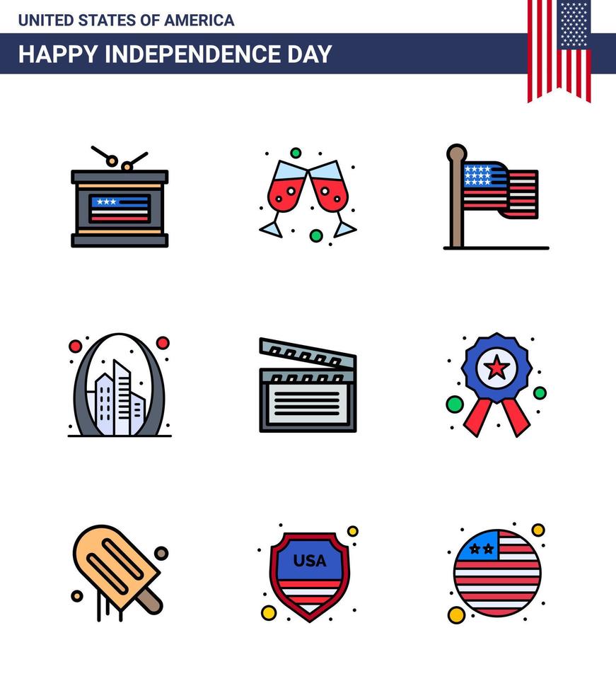 USA Lycklig oberoende dag piktogram uppsättning av 9 enkel platt fylld rader av movis USA flagga landmärke byggnad redigerbar USA dag vektor design element