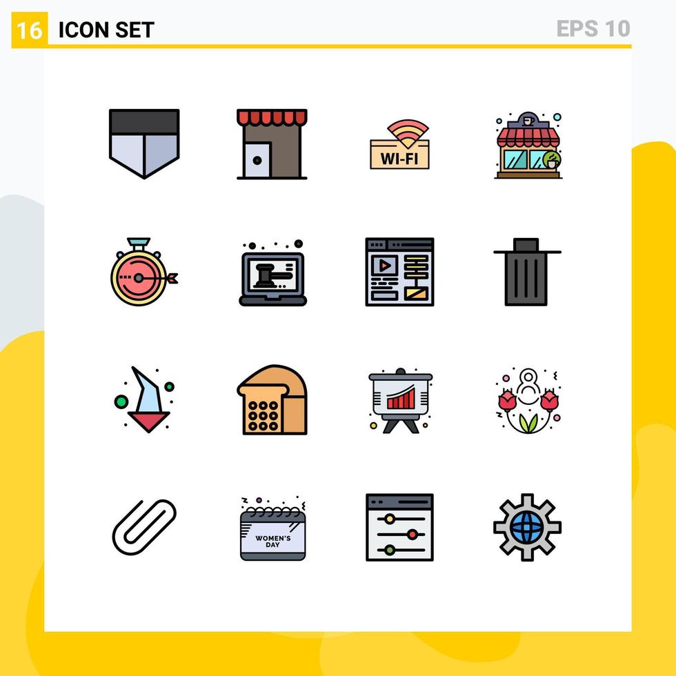 Flache, farbgefüllte Linienpackung mit 16 universellen Symbolen für das Release-Management, WLAN-Launch-Coffee-Shop, editierbare kreative Vektordesign-Elemente vektor