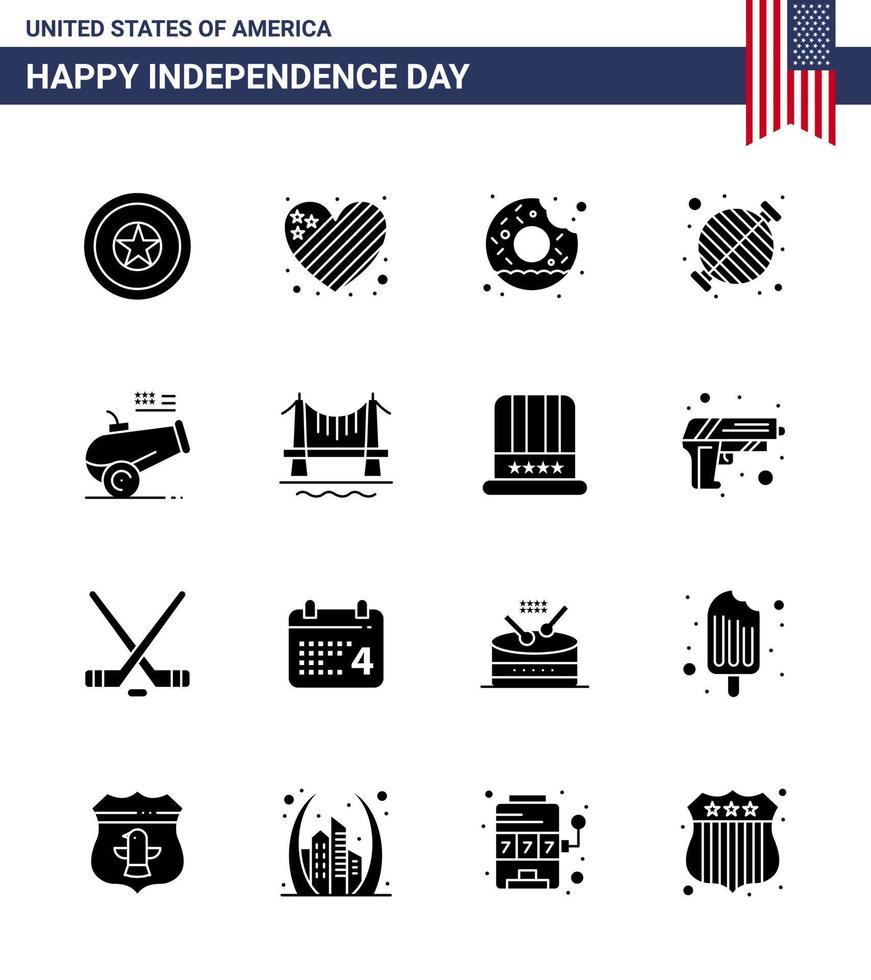 Happy Independence Day Pack mit 16 soliden Glyphen Zeichen und Symbolen für Big Gun Grill Donut BBQ Food editierbare Usa Day Vektor Design Elemente