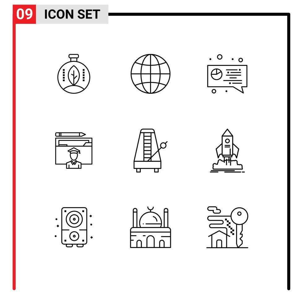 Piktogrammsatz mit 9 einfachen Umrissen von Metronom-Audio-Digital-Gelehrten-Absolventen editierbare Vektordesign-Elemente vektor