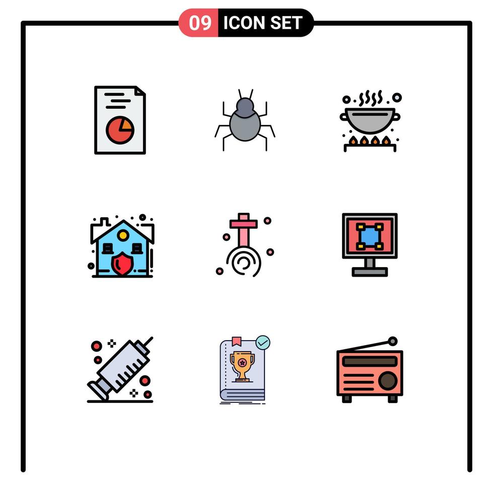 9 universelle Fillline-Flachfarben, die für Web- und mobile Anwendungen festgelegt werden. Cross Celebration Cooking Security House editierbare Vektordesign-Elemente vektor