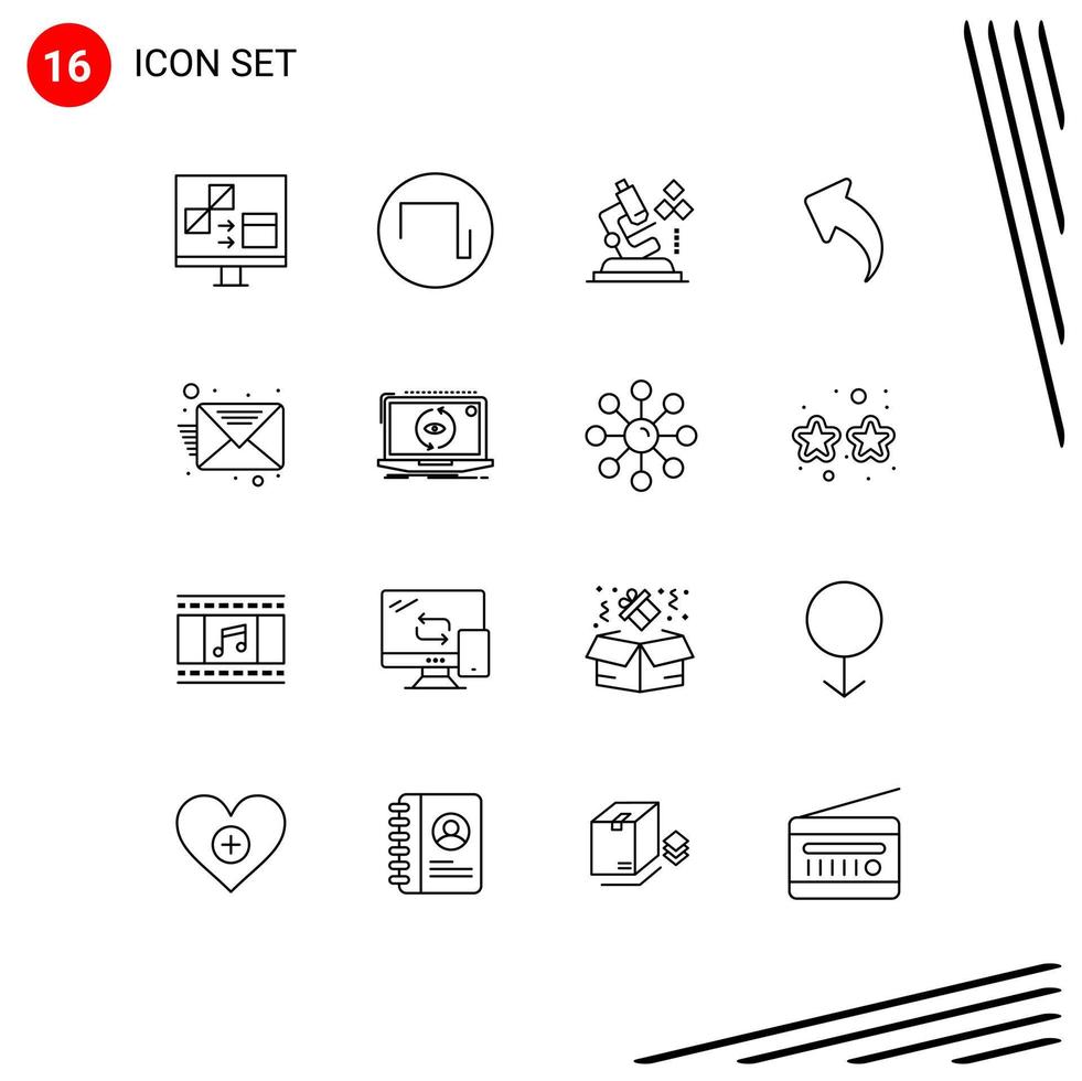 Gliederungssatz für mobile Schnittstellen mit 16 Piktogrammen von Nachrichten-E-Mail-Mikroskop-Rückpfeil editierbare Vektordesign-Elemente vektor