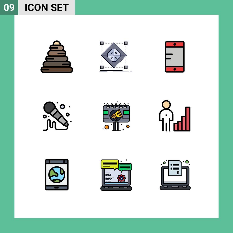 Stock Vector Icon Pack mit 9 Zeilenzeichen und Symbolen für Billboard-Werbung, mobile Anzeige, Mikrofon, editierbare Vektordesign-Elemente