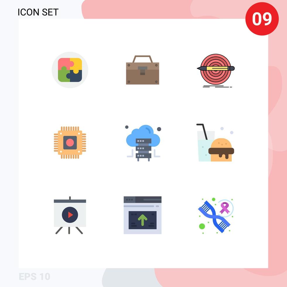 Packung mit 9 kreativen flachen Farben von Computer-Hardware-Toolkit-Chipsatz editierbaren Vektordesign-Elementen vektor