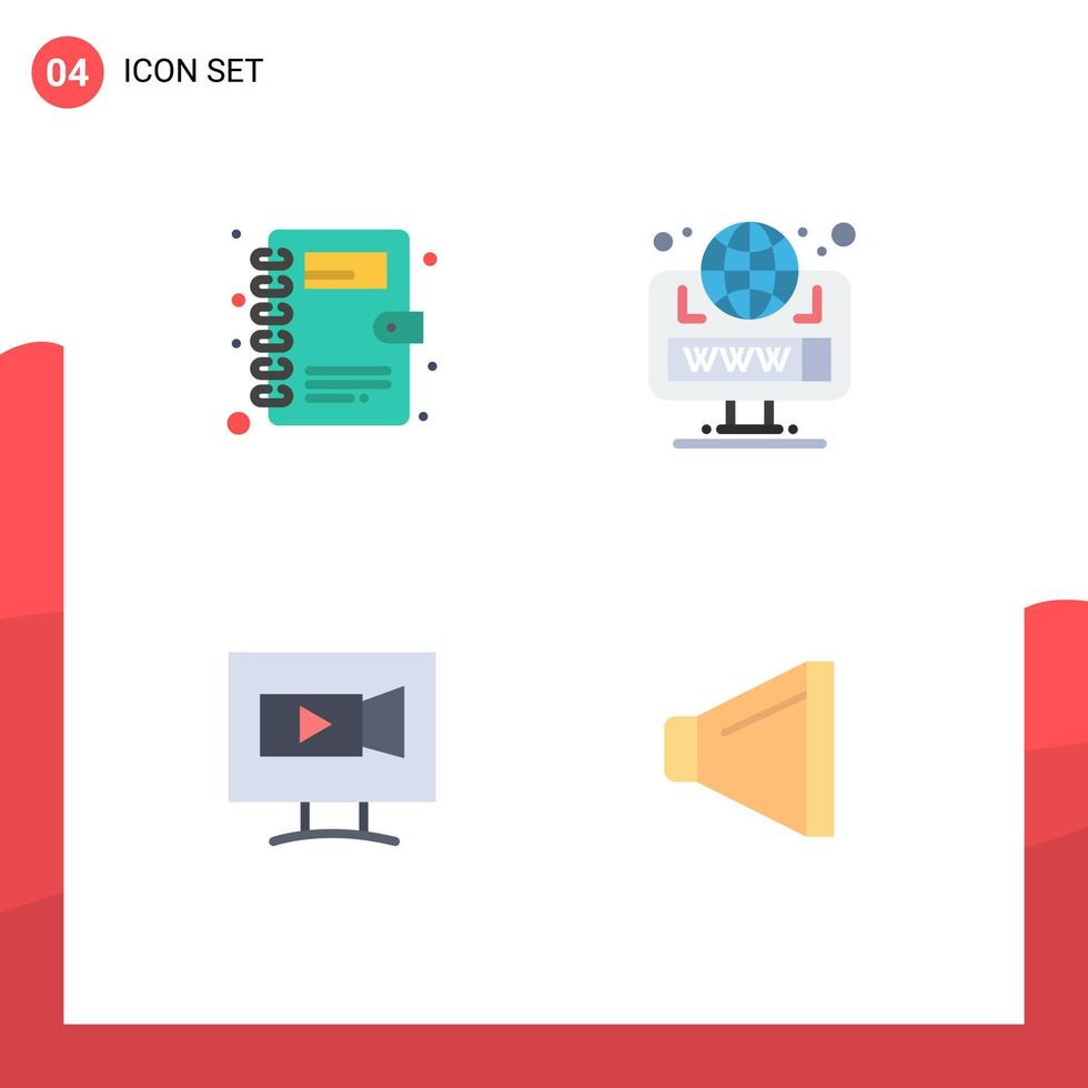 flaches Icon-Paket mit 4 universellen Symbolen für Buch-Video-Browser-Web-Sound-editierbare Vektordesign-Elemente vektor
