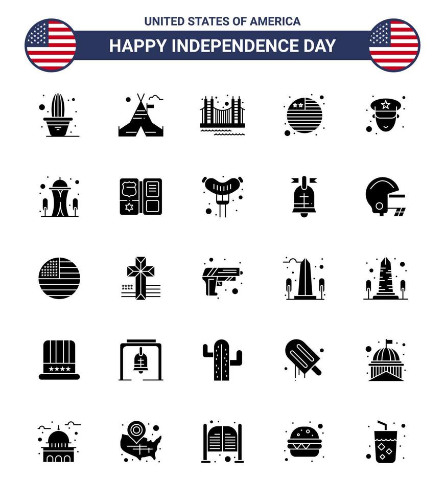 Happy Independence Day 25 solides Glyphen-Icon-Pack für Web und Print Mann Flagge Brücke Land Tourismus editierbare Usa-Tag-Vektor-Design-Elemente vektor