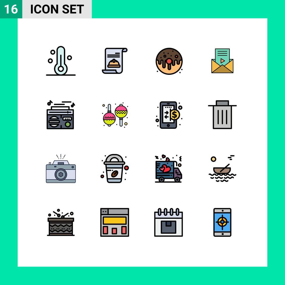 moderner Satz von 16 flachen, farbig gefüllten Linien Piktogramm von Radio-SMS-Dessert-Nachricht süße editierbare kreative Vektordesign-Elemente vektor