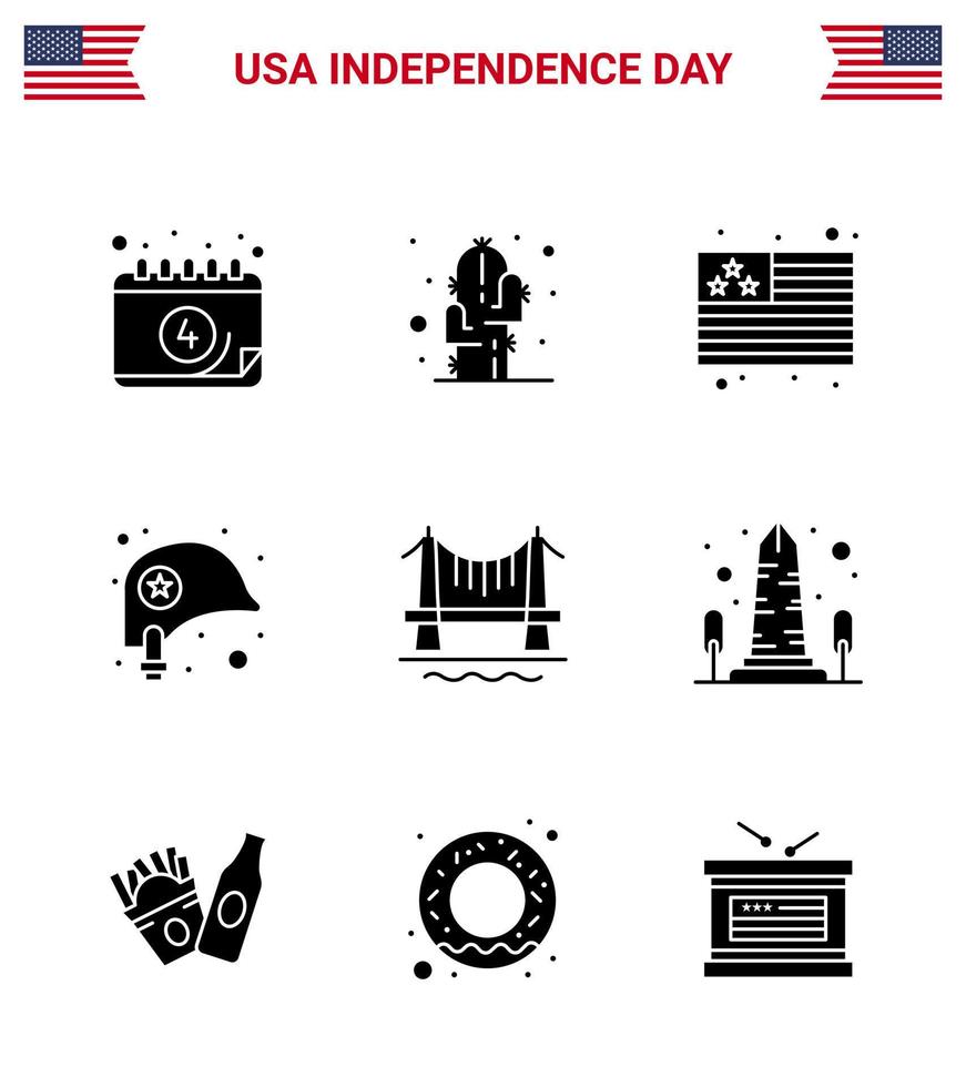 9 USA fast glyf packa av oberoende dag tecken och symboler av stad bro Land stjärna hjälm redigerbar USA dag vektor design element