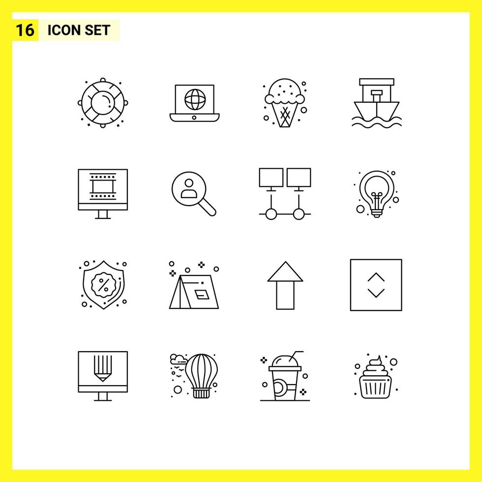 16 Benutzeroberflächen-Gliederungspaket mit modernen Zeichen und Symbolen von digitalen Fotorahmen Boot Dessert Strand Süßigkeiten editierbare Vektordesign-Elemente vektor