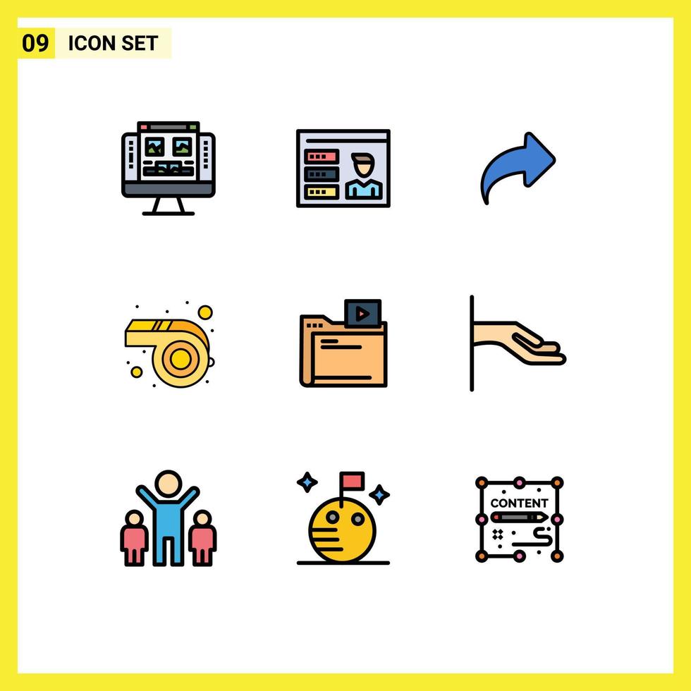piktogram uppsättning av 9 enkel fylld linje platt färger av video mapp pil vissla mardi gras redigerbar vektor design element
