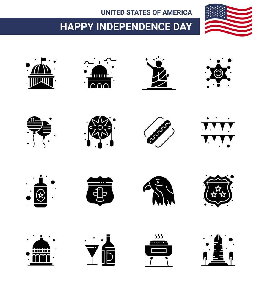 satz von 16 vektorfesten glyphen am 4. juli usa unabhängigkeitstag wie amerikanische bloons statue bloon star editierbare usa day vektordesignelemente vektor