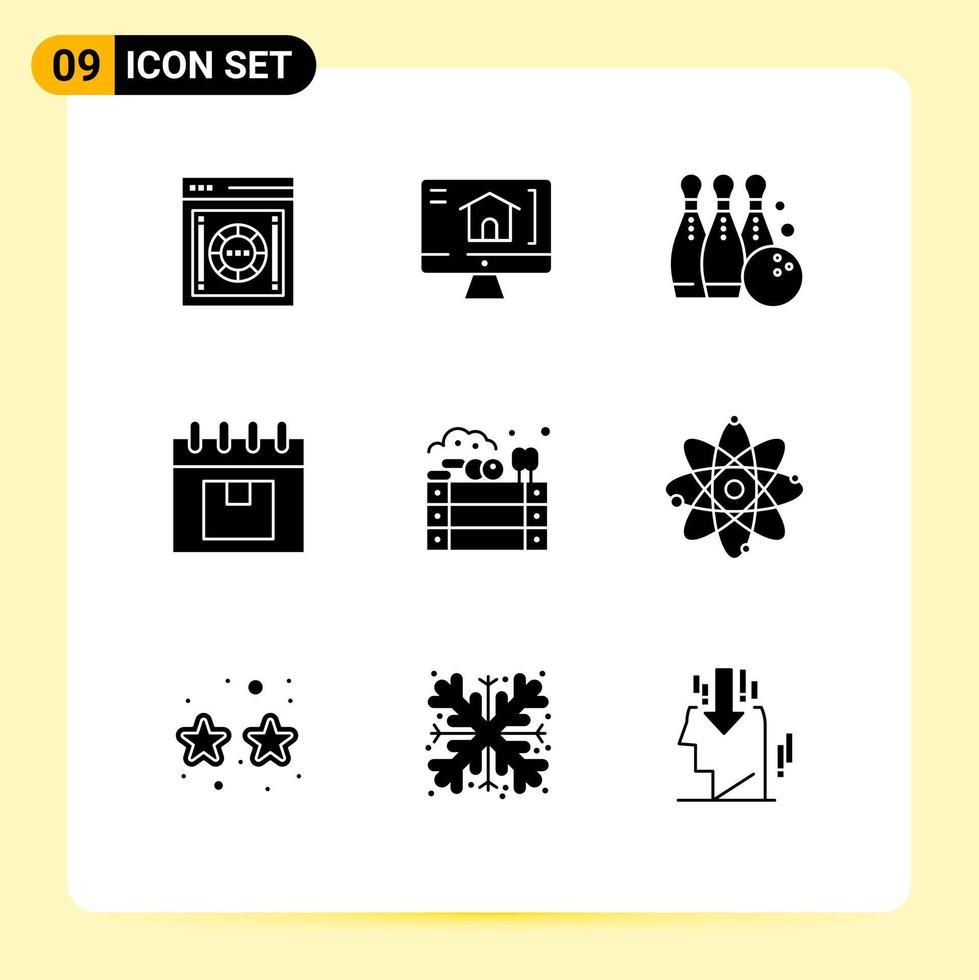 9 thematische Vektor-Solid-Glyphen und bearbeitbare Symbole des Produktmanagements Bowling-Lieferung spielen bearbeitbare Vektordesign-Elemente vektor