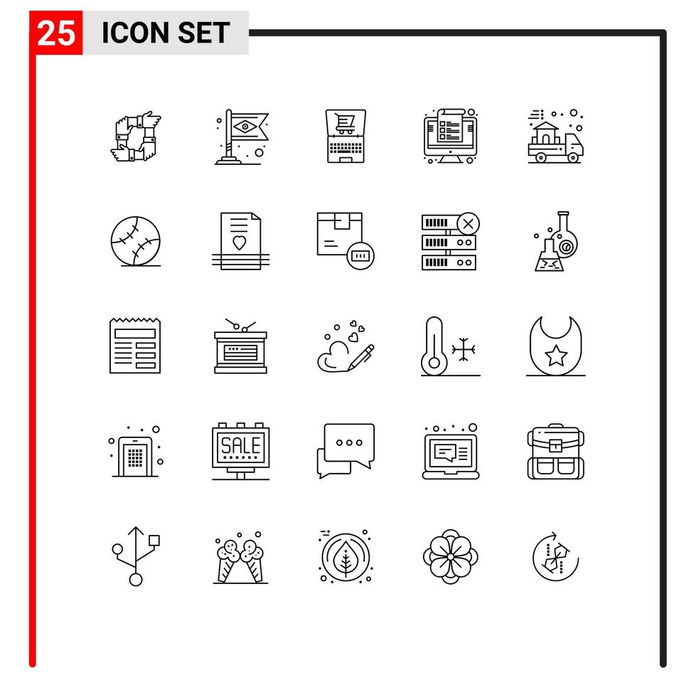 Gruppe von 25 modernen Linien, die für editierbare Vektordesign-Elemente des Verwaltungsgeräts Karneval Computer E-Commerce festgelegt werden vektor